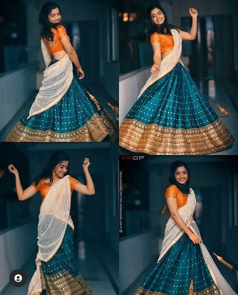 Rashmika Mandana Half Saree Pics, Rashmika In Lehenga, Half Saree Pic Poses, Half Saree Poses Photoshoot Ideas At Home, Poses In Half Saree For Photoshoot, Half Saree Pics Poses, Half Saree Photo Poses, Halfsaree Function Photoshoot Poses, Half Saree Stills Indoor