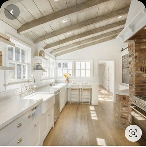 Rustic Cottage Interiors, Modern Rustic Farmhouse Kitchen, Beams Ceiling, White Wood Paneling, Vaulted Ceiling Kitchen, Rustic Farmhouse Kitchen Decor, Fixer Upper Home, Modern Rustic Farmhouse, Rustic Home Interiors