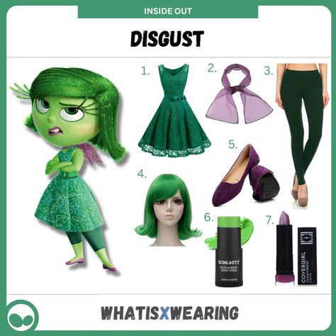 Disgust 'How To' DIY Costume Guide Diy Disgust Costume Inside Out, Dressing Up As Inside Out Characters, Disgust Inspired Outfits, Diy Envy Costume Inside Out, Kids Book Week Costumes, Disgust Inside Out Halloween Costume, Inside Out Disgust Outfit, Family Inside Out Costumes, Disgust Inside Out Outfit