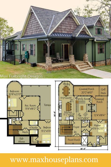 Double Story Cottage House, Small House Walk Out Basement, Small House Plans With Fireplace, House Plans With Side Porch, Small Walkout Basement House Plans, Mountain Cottage House Plans, Small House Plans With Basement, Double Master Suite House Plans, Small Lake House Plans