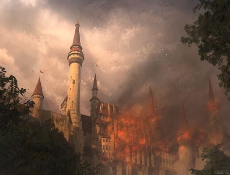 ArtStation - Burning castle, Philipp Dobrusin Castles Concept Art, Burning Castle, Medieval Buildings, Burning City, Castle Painting, Dark Castle, Castle Aesthetic, Magic Aesthetic, Entertainment Design