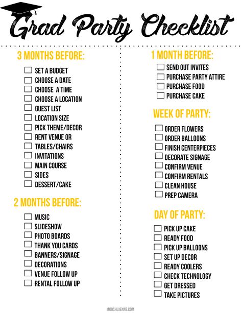 Graduation Party Printable Checklist High School Graduation Party Checklist, Graduation Party Checklist, Graduation Open House, High School Graduation Party Decorations, Graduation Dinner, Senior Graduation Party, Graduation Party High, Graduation Open Houses, Graduation Party Diy