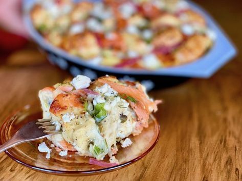 Make-Ahead Everything Bagel Strata - Emily Ellyn Bagel Strata, Strata Recipe, Strata Recipes, Brunch Celebration, Make Ahead Breakfast Casserole, Weekday Breakfast, Pickled Red Onions, Make Ahead Breakfast, Minced Onion