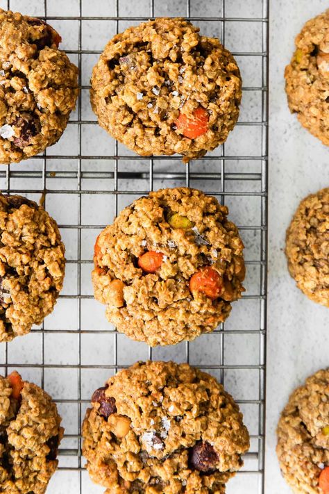 Pumpkin Monster Cookies, Fall Monster Cookies, Muesli Cookies, Pumpkin Monster, Fall Cookie Recipes, Monster Cookies Recipe, Flourless Cookies, Fit Foodie Finds, Pumpkin Spice Recipe