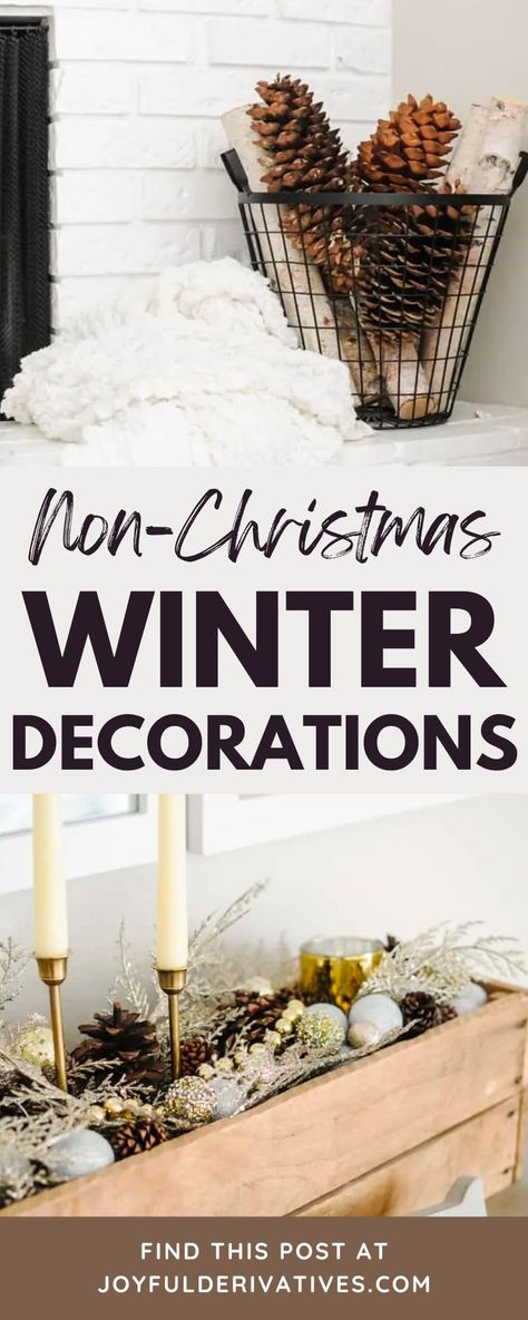 After taking down all the Christmas decor, you're probably left with a bland living room. Not to worry! These affordable and stunning ideas for using winter decorations (not Christmas) in your home will have your space looking festive again in no time. From adding gold and silver accents to changing up your greens, we'll show you how to take your living room from drab to fab this winter season! Farmhouse Winter Decor Living Room, Fall/winter Decorations, No Christmas Winter Decor, Rustic Winter Decor Living Room, Year Round Christmas Decor, Early Winter Decor, Organic Modern Winter Decor, Winter Nature Decor, 2023 Winter Decor