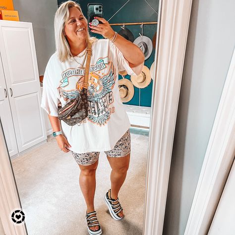 It’s never a bad day to wear biker shorts and an oversized tee. This bumbag is so cute and these sandals are the most comfy ones I’ve found! Each strap adjusts so they fit perfectly. Follow my shop @it.is.kristin on the @shop.LTK app to shop this post and get my exclusive app-only content! #liketkit #bikershorts #plussizeoutfits #athleisurewear #athleisurestyle @shop.ltk Vans And Biker Shorts Outfit, Outfits With Biker Shorts Plus Size, Summer Biker Shorts Outfits Curvy, Oversized Tshirt And Bike Shorts, Graphic Tee And Biker Shorts Outfit Plus Size, Western Biker Shorts Outfit, Cheetah Biker Shorts Outfit, Plus Graphic Tee Outfit, Biker Shorts And Oversized Shirt