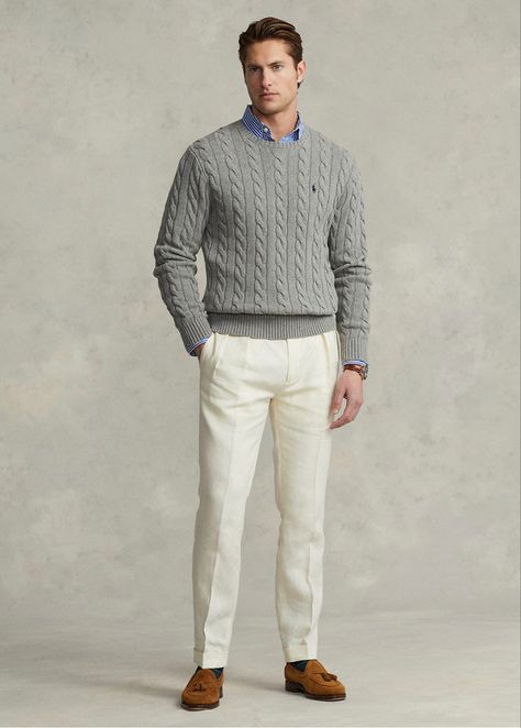 Ralph Lauren Cable Knit Sweater Outfits, Grey Pullover Outfit, Polo Sweater Outfit, Ralph Lauren Men Outfits, Cable Knit Sweater Outfit, Grey Sweater Outfit, Sweater Outfits Men, Mens Winter Fashion Outfits, Ralph Lauren Cable Knit