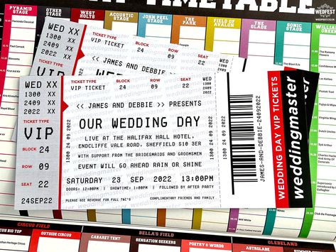 ticketmaster gig ticket wedding invitations Ticket Stub Wedding Invitations, Wedding Invitations Ticket Style, Wedding Invitations Ticket, Wedding Concert Poster, Concert Ticket Wedding Invitations, Concert Theme Wedding, Concert Venue Wedding, Music Festival Themed Wedding, Music Festival Themed Party