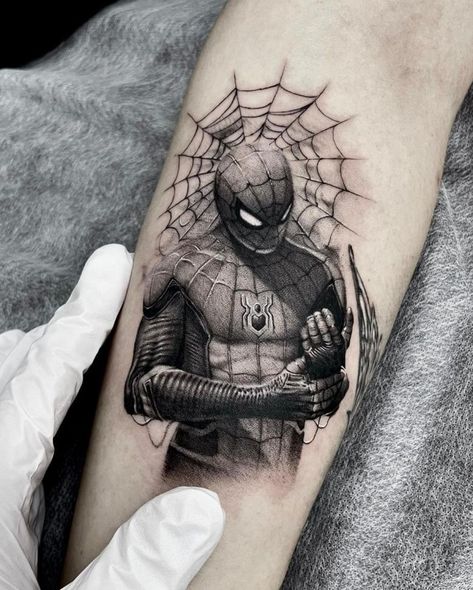 @hyundo.tattoo It Themed Tattoos, Spiderman Tattoos For Men, Marvel Sleeve Tattoo For Men, Marvel Heroes Tattoo Design, Men Sticker Tattoo, Black Spiderman Tattoo, Marvel Thor Tattoo, Comic Art Tattoo, Avengers Tattoo Design