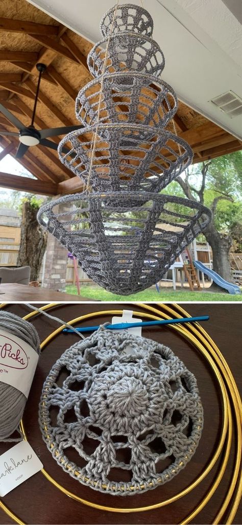 Crochet Net Storage, Crochet Canopy Pattern, Crochet Tiered Hanging Basket, Unique Crochet Home Decor, Embroidery Hoop Crochet, Crochet Hanging Pattern, Crochet Hanging Shelves, Scrap Yarn Basket Crochet, Yarn Basket Crochet Pattern