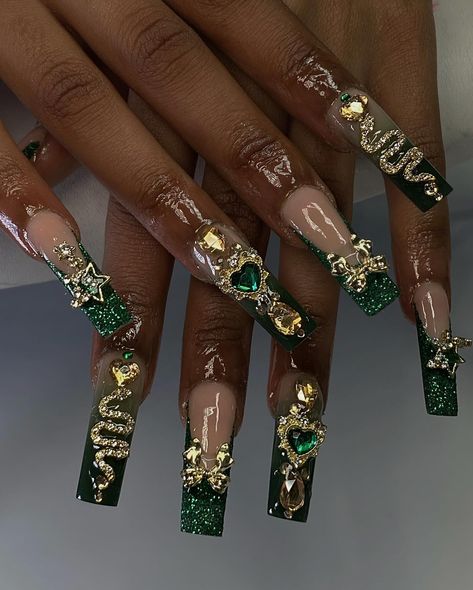 Glam holiday set 🐉✨🫶🏻 #nails #nailart #nailsnailsnails #naildesign #nailsofinstagram #nailaddict #nailporn #greennails #birthdaynails #glamnails #acrylicnails #gems #goldnails #glitternails #baddienails #nailgirlsnetwork #fyp #trendingnailart #london #londonnails #londonnailtech #eastlondon #eastlondonnailtech #eastlondonnails #explorepage Green Nails With Gems, Green Gem Nails, Dark Green Nails Designs, Xv Nails, Ice Nails, Green Nails Designs, Nails With Gems, Green Quinceanera, Fye Nails