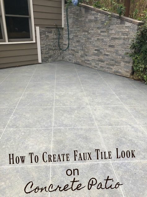 Create a tile look on concrete patio using tape and stone finish paint. Daich Spreadstone, Diy Concrete Patio, Concrete Stain Patio, Paint Concrete Patio, Concrete Patio Makeover, Tile Painting, Concrete Paint, Cement Patio, Concrete Patio Designs