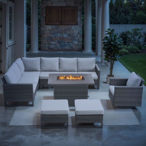 Latitude Run® Hansencamp 8 - Person Outdoor Sectional Seating Group With Fire Pit With Swivel Glide Chair And Cushions | Wayfair Outdoor Sectional Seating, Wicker Sofa Outdoor, Sectional Patio Furniture, Rectangular Fire Pit, Propane Fire Pit Table, Corner Design, Porch Garden, Patio Sectional, Beige Cushions