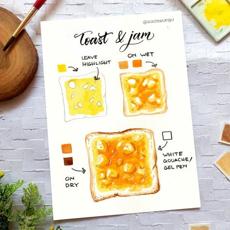 Sisca Wungu on Instagram: “Do you think this looks like apricot or mango jam? 😆” Food Art Painting Watercolour, Jam Painting, Himi Jelly Gouache, Jam Watercolor, Mango Watercolor Painting, Akvarel Illustration, Artist Hue, Watercolor Painting Ideas, Watercolor Food Illustration