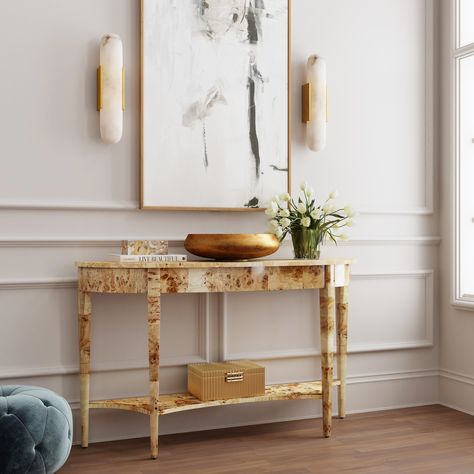 This wide Demilune Console Table features a stunning finish over solid wood and beautifully grained cherry veneers. Its magnificent legs are tapered and feature carved urn medallion appliques at the top along the apron. Circle Table, Table Console, Wood Joinery, Burl Wood, Wood Console Table, Glass Dining Table, Low Shelves, Wood Console, Sofa Tables