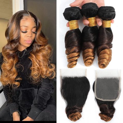 PRICES MAY VARY. Hair Material: 100 percent Malaysia Human Hair Bundles With Closure, Ombre Loose Wave Bundles and Closure and Baby Hair. Hair Bundles:95-100g/Bundle(3.3oz-3.5oz/bundle); Lace Closure:30-50g; 3 Bundles and Closure/pack (For the length, Stretching The Curly Hair to be STRAIGHT Then Measure it) Hair Color: T1B/4/30 Color Can be Straightened,Permed, Bleached,Highlighted,Curled or Styled as your own hair. Lace Color: Light Brown Lace, 150 percent density. Advantage:Double Machine Wef Best Hair Bundles On Amazon, Closure Weave, Sew In Hairstyles, Quick Weave Hairstyles, Bundles With Closure, Hair Ombre, Human Hair Bundles, Hair Solutions, Hair Crush