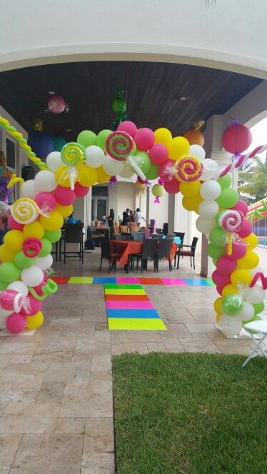 Candyland Stage Decorations, Candy Land Balloon Garland, Candyland Theme Party Decorations Diy, Candyland Quinceanera Theme, Candyland Photo Backdrop, Candy Land Balloon Arch, Candyland Prom Theme, Candyland Balloon Arch, Candyland Homecoming Theme