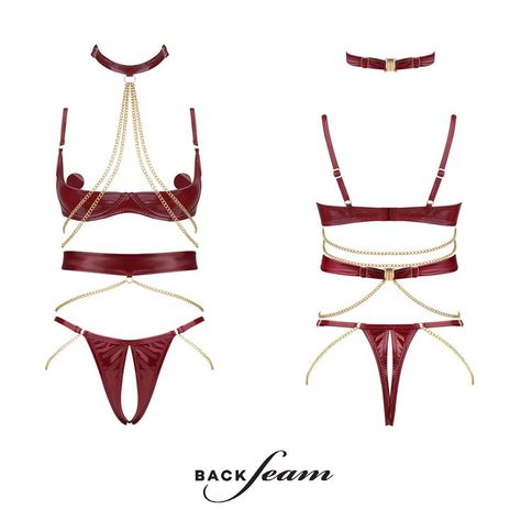 Here at Backseam, we want you to embrace your sexuality and feel comfortable in your body, to love its sexy curves and stretch marks. Made of latex, this stunning set with choker, open-cut bra, and crotchless panties was designed to seduce and tempt. Surprise your partner and make your nights hotter with our sexy lingerie. The set is available in two colors: red, black. Open Cup Bras, Open Bra, Leather Bra, Rave Bra, Leather Lingerie, Lingerie Sets, Lingerie Set, Women Lingerie, Lingerie