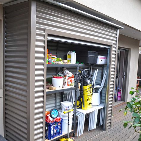 Carport Storage Ideas, Door Sheds, Carport Storage, Shed Design Plans, Outdoor Toy Storage, Carport With Storage, Yard Storage, Small Garden Shed, Roller Door