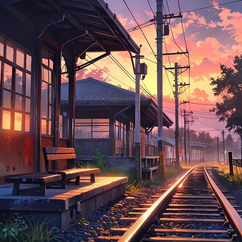 You remember that little train station just outside of town? I always loved being there at dusk, watching the golden light pour over the tracks. There was something calming about the quiet, just sitting on that old bench as the sky turned soft pink and orange. The sound of a distant train, man... it really made you stop and feel like time was standing still for a moment. #anime #manga #art #animeart #kawaii #japanese #aesthetic #vibes #nostalgia #oldtimes #90s #00s Station Anime, Old Benches, Train Art, 90s Childhood, Aesthetic Vibes, Japanese Aesthetic, Kawaii Design, Kawaii Aesthetic, Anime Inspired