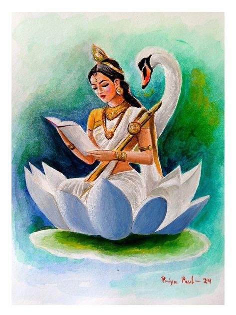 Saraswati Ji Drawing, Saraswati Acrylic Painting, Cute Saraswati Drawing, Krishna Painting Pencil, Saraswati Drawing Art, Saraswati Painting Easy, India Painting Ideas, Indian Goddess Drawing, Saraswati Sketch