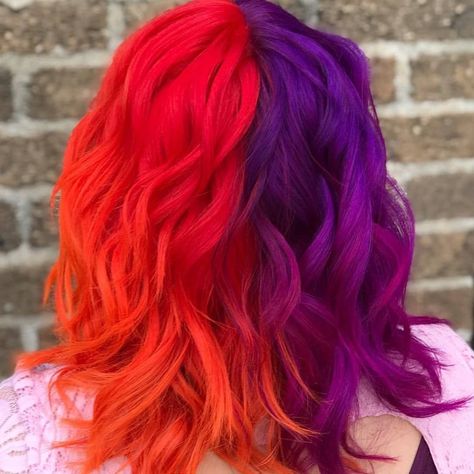 Split Hair Color Ideas Short, Ombre Split Dye, Half And Half Hair Color Ideas, Purple And Red Hair, Two Color Hair, Half And Half Hair, Split Dye, Split Dyed Hair, Vibrant Hair