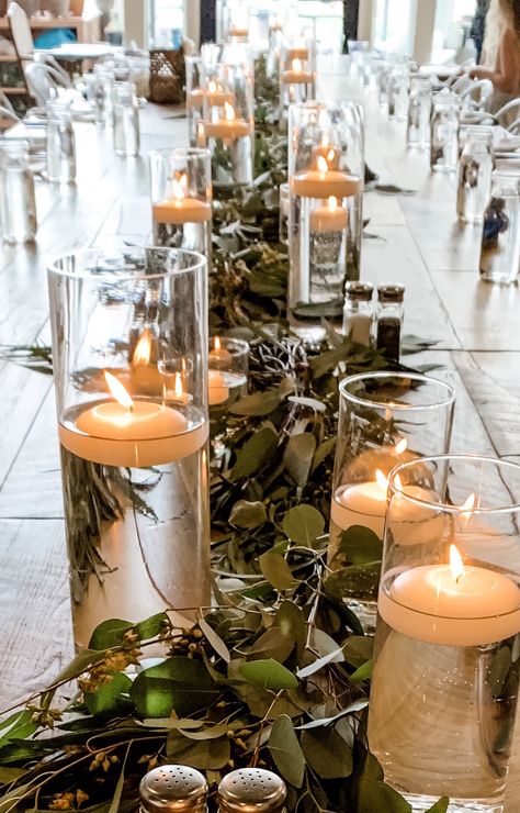 Wedding Table Decor Floating Candles, Floating Candle Centerpieces Eucalyptus, Floating Candles Centerpiece, Floating Candles Table Decor, Candle And Eucalyptus Centerpieces, Floating Candles And Eucalyptus, Floating Candles In Water, Wedding Table Floating Candles, Floating Candles Long Table Wedding