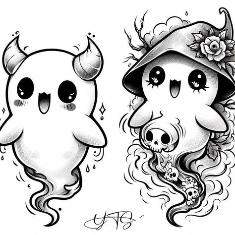 Bff Ghost Tattoo, Ghost With Crown Tattoo, Trio Ghost Tattoos, Gamer Ghost Tattoo, Ghost Family Tattoo, Matching Spooky Tattoos For Best Friends, Ghost Mushroom Tattoo, Kawaii Ghost Drawing, Best Friend Ghost Tattoo