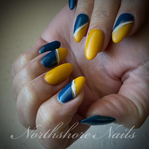 Yellow And Navy Nails, Navy And Yellow Nails, Blue Yellow Nails, Navy Nails, Yellow Nail Art, Cute Simple Nails, Navy And Yellow, Alpha Xi, Blue Nail Designs