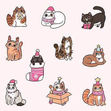 Christmas Cats Drawing Cute, Cat Christmas Illustration, Cute Christmas Cat Art, Christmas Cat Sticker, Christmas Photo Frame, Cat Sticker Set, Fairy Illustration, Christmas Fairy, Snow Queen