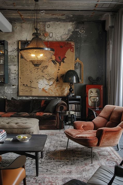 Small Space, Big Style: Innovative Living Room Designs - Quiet Minimal Urban Style Living Room, Eclectic Room Design, Rustic Industrial Living Room, Basic Room, Masculine Interior Design, Masculine Interior, Living Colors, Gothic Interior, Old House Interior