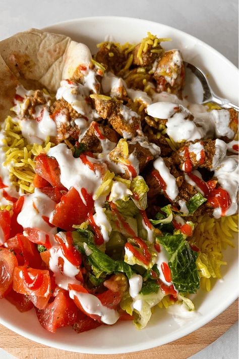 Halal cart chicken and rice has been a part of half my life! I grew up just 30 min away from NYC in a suburb of NJ and I would frequent a food cart known as Halal Guys in the city. It was so popular and lines would be blocks long and people just loved... Halal Guys Chicken, Halal Cart Chicken, Rice Platter, Halal Guys, Halal Chicken, Chicken Over Rice, Quick Delicious Meals, 30 Min Meals, Crowd Pleasing Recipes