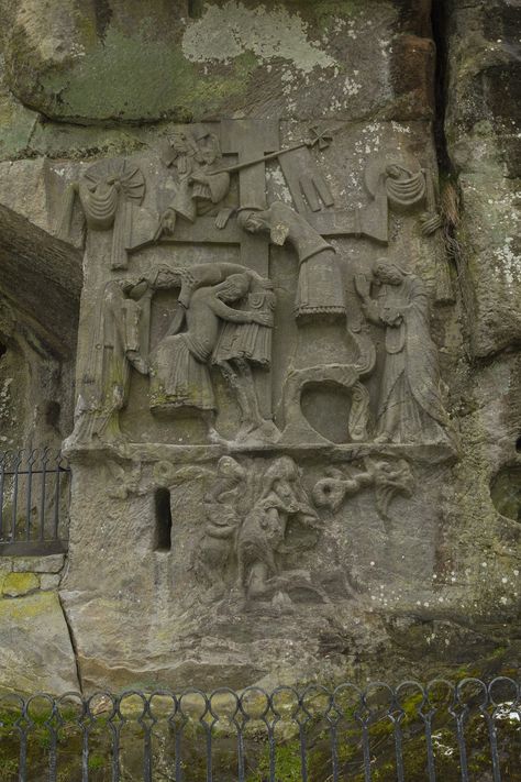 The Externsteine relief, a medieval depiction of the Descent from the Cross, Teutoburg Forest , Germany Medieval Germany Aesthetic, Ancient Germany, Teutoburg Forest, Descent From The Cross, Medieval Germany, Sandstone Rock, Medieval Europe, North Rhine Westphalia, Early Middle Ages