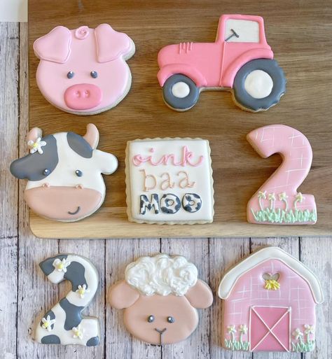 Pink Farm Birthday Cookies, Moo Moo Im Two Cookies, Farm Theme 2nd Birthday Girl, Oink Moo Cockadoodle Two Birthday, 2nd Birthday Farm Theme Girl, Oink Moo Cockadoodle Two, Farm Second Birthday Girl, Oink Baa Moo Im Two Party Decorations, Second Birthday Farm Theme