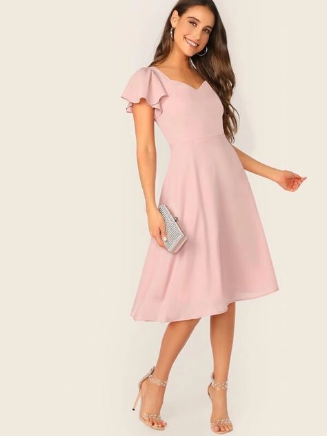 Flutter Sleeve Sweetheart Neck Fit & Flare Dress | SHEIN USA Tie Waist Maxi Dress, Flowy Dresses, Shirred Dress, Mother Of Groom Dresses, Mother Of Groom, Sweetheart Dress, Dress With Sleeves, Formal Outfits, Groom Dresses