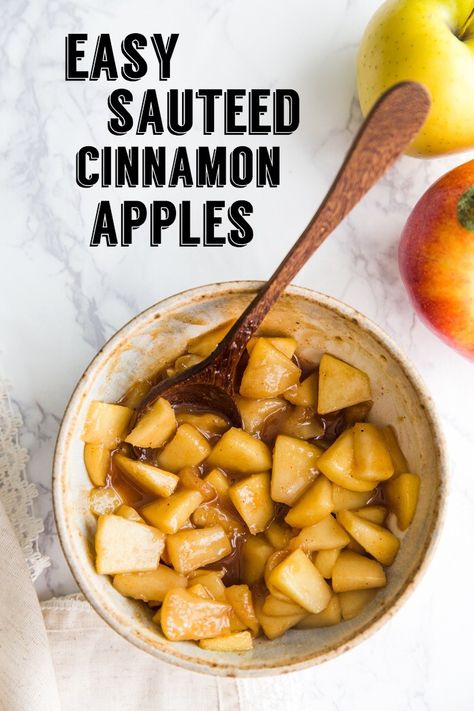 Easy Sautéed Cinnamon Apples- this recipe takes less than 10 minutes to whip up and it's perfect on top of oatmeal or pancakes for a delicious fall breakfast! #breakfast #vegan #recipe Cooked Apples For Pancakes, Apples On Pancakes, Apple Cinnamon Topping For Pancakes, Cinnamon Apple Topping, Apples For Breakfast Recipes, Apple Cinnamon Pancakes Easy, Apples For Pancakes, Apple Sauteed, Apple Topping For Pancakes