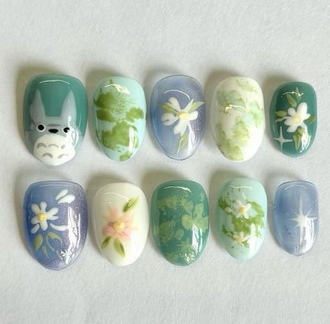 Bow Nails Acrylic, Aesthetic Nails Green, Totoro Nails, Anime Nails Art, Studio Ghibli Nails, Ghibli Nails, Nail Inspo Aesthetic, Nails Sharp, Fairy Tale Garden