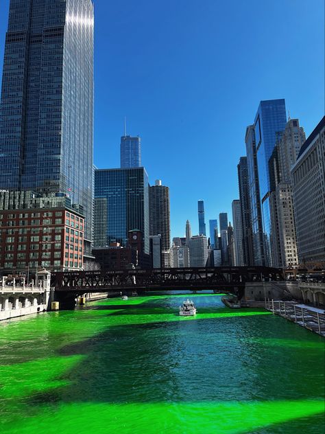 green river, city aesthetic, chicago, st. patty’s day Chicago St Pattys Day, Day In Chicago, Fav Place, Chi Town, St Pattys, St Pattys Day, Green Aesthetic, Nature Travel, St Patrick