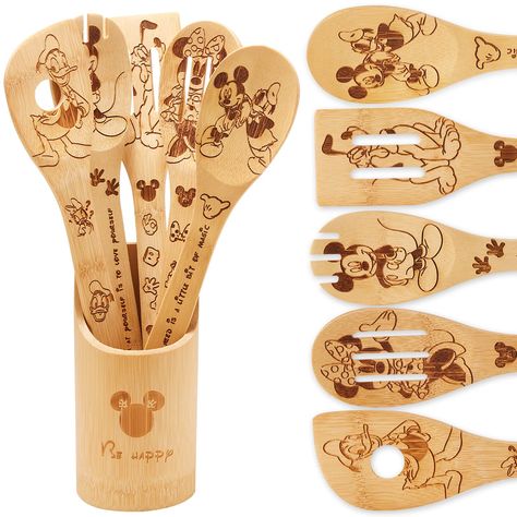 Cozinha Do Mickey Mouse, Kitchen Bamboo, Present For Friend, Mickey Mouse Kitchen, Bamboo Spoon, Mickey Theme, Kitchen Utensils Set, Wooden Spatula, Utensils Set