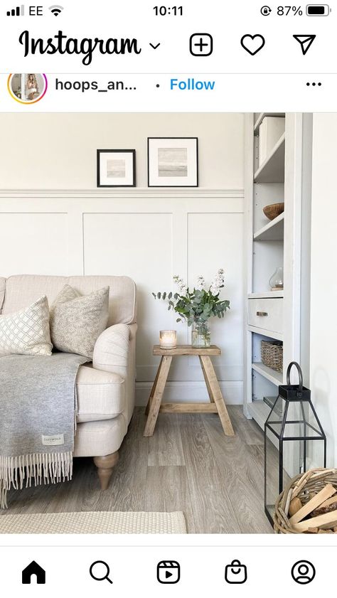 Neutral Panelled Living Room, White Panelled Living Room, Sitting Room Panelling, White Company Living Room, Living Room Panelling Ideas, Lounge Panelling, Room Wall Decoration Ideas, Modern Country Living Room, Shiplap Ideas