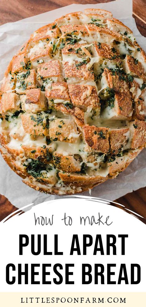 How To Serve Sourdough Bread, Pull Apart Sourdough Cheese Bread, Garlic Cheese Sourdough Bread, Sourdough Bread Appetizer, Pull Apart Sourdough Bread, Sourdough Cheese Bread, Homemade Garlic Cheese Bread, Little Spoon Farm, Pull Apart Cheese Bread