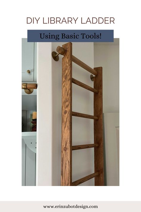 A full tutorial on how to build your own DIY wood library ladder, saving thousands of dollars compared to custom! Library Ladder In Pantry, Office With Library Ladder, Diy Bookcase Ladder, Diy Wooden Ladder Decor, Library Wall Ladder, Diy Sliding Ladder, Tall Bookshelves With Ladder, Ladder For Bookshelf, Diy Library Wall With Ladder