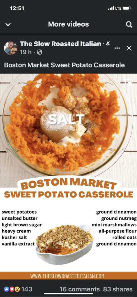 Boston Market Sweet Potato Casserole, Boston Market, The Slow Roasted Italian, Yummy Dishes, Ground Nutmeg, Sweet Potato Casserole, Potato Casserole, Mini Marshmallows, Rolled Oats