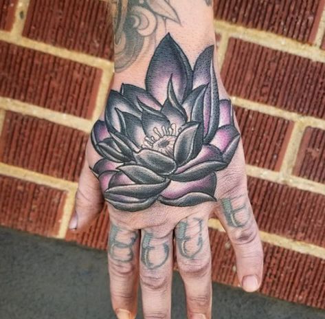 Men Lotus Flower Tattoo, Men’s Lotus Flower Tattoo, Lotus Tattoos For Men, Lotus On Hand Tattoo, Lotus Flower Hand Tattoo Men, Black And Grey With Pop Of Color Tattoo, Lotus Hand Tattoo Men, Mens Lotus Flower Tattoo, Lotus Flower Hand Tattoos For Women