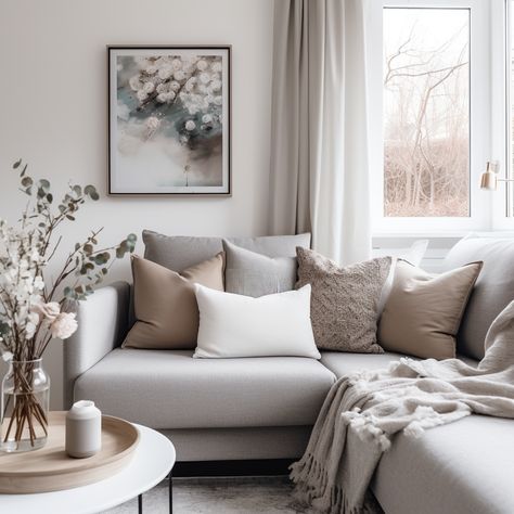 Throws For Grey Sofa, Light Grey Beige Living Room, Grey Sofa White Cushions, Grey Sofa Cushions Color Schemes, Gray Sofa Neutral Living Room, Light Grey Sofa Pillow Ideas, Cushions For Light Grey Sofa, Light Gray Sofa Decor, Neutral Living Room Light Grey Sofa