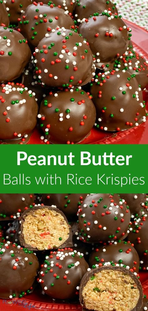 Chocolate Covered Rice Krispie Balls, Chocolate Peanut Balls, Rice Krispie Balls Peanut Butter, Rice Krispie Balls Christmas, Christmas Cookies With Rice Krispies, Peanut Butter Holiday Treats, Buckeye Balls With Rice Krispies, Buckeyes With Rice Krispies, Simple Christmas Goodies