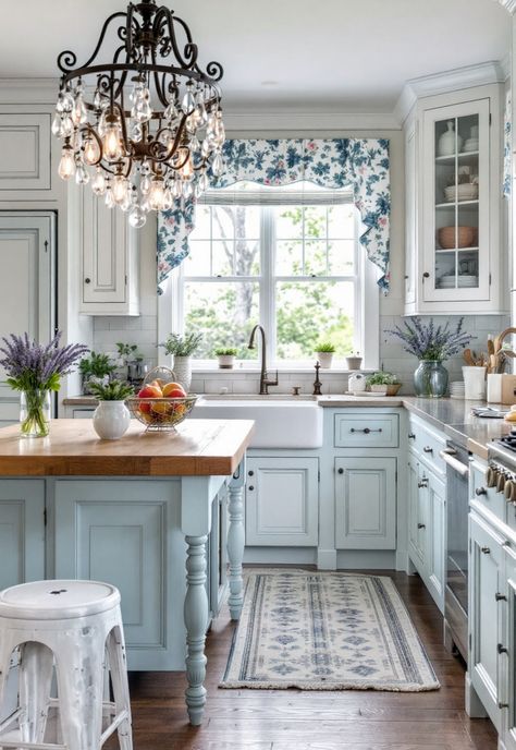 Rustic Kitchen Blue Shabby Chic Kitchen, Light Blue Country Kitchen, French Country Kitchens Blue, Blue Kitchen Cabinets Cottage, Blue Cream Kitchen, Beige And Blue Kitchen Ideas, French Cottage Kitchen Ideas, French Country Kitchen Design Ideas, Blue And Cream Kitchen