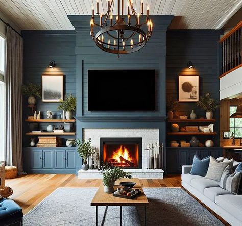 Coastal Blue Fireplace, Dark Blue Shiplap Wall, Shelves Fireplace Wall, Living Room With Fireplace Paint Ideas, Blue Shiplap Fireplace, Rustic Tv Room, Fireplace In Dining Room Ideas, Large Tv Over Fireplace, Blue Fireplace Wall