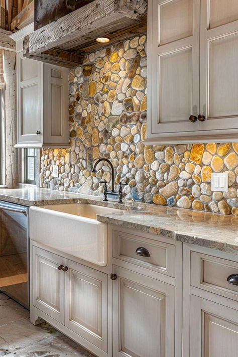 50 Inspiring Farmhouse Kitchen Backsplash Designs to Spark Creativity Kitchen Rock Backsplash, Pebble Backsplash Kitchen, French Country Kitchen Backsplash, Country Kitchen Backsplash, Rock Backsplash, Farmhouse Kitchen Backsplash Ideas, Rustic Kitchen Backsplash, Dreamy Interiors, Hickory Kitchen