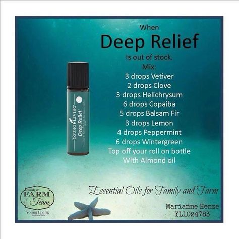 Deep Relief Recipe - use as a master blend.  Put 3-5 drops of master blend into 10 ml bottle and fill with carrier oil. Essential Oil Roller Bottle Recipes, Living Oils Recipes, Essential Oil Roller Balls, Essential Oils For Pain, Essential Oil Remedy, Young Living Essential Oils Recipes, Oil Remedies, Deep Relief, Essential Oils Herbs